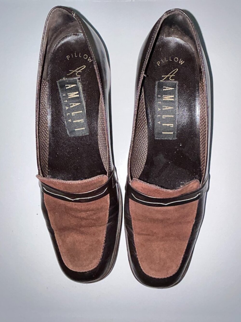 Amalfi Italian Brown Leather Loafers, Lady 8.5, Suede Accent cushioned footbed